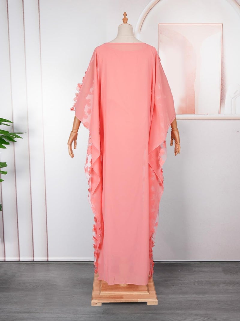 HD African Women Applique Flower Dress Boat Neck Pink (Coral) Caftan Chiffon Gown One Size - Image 5